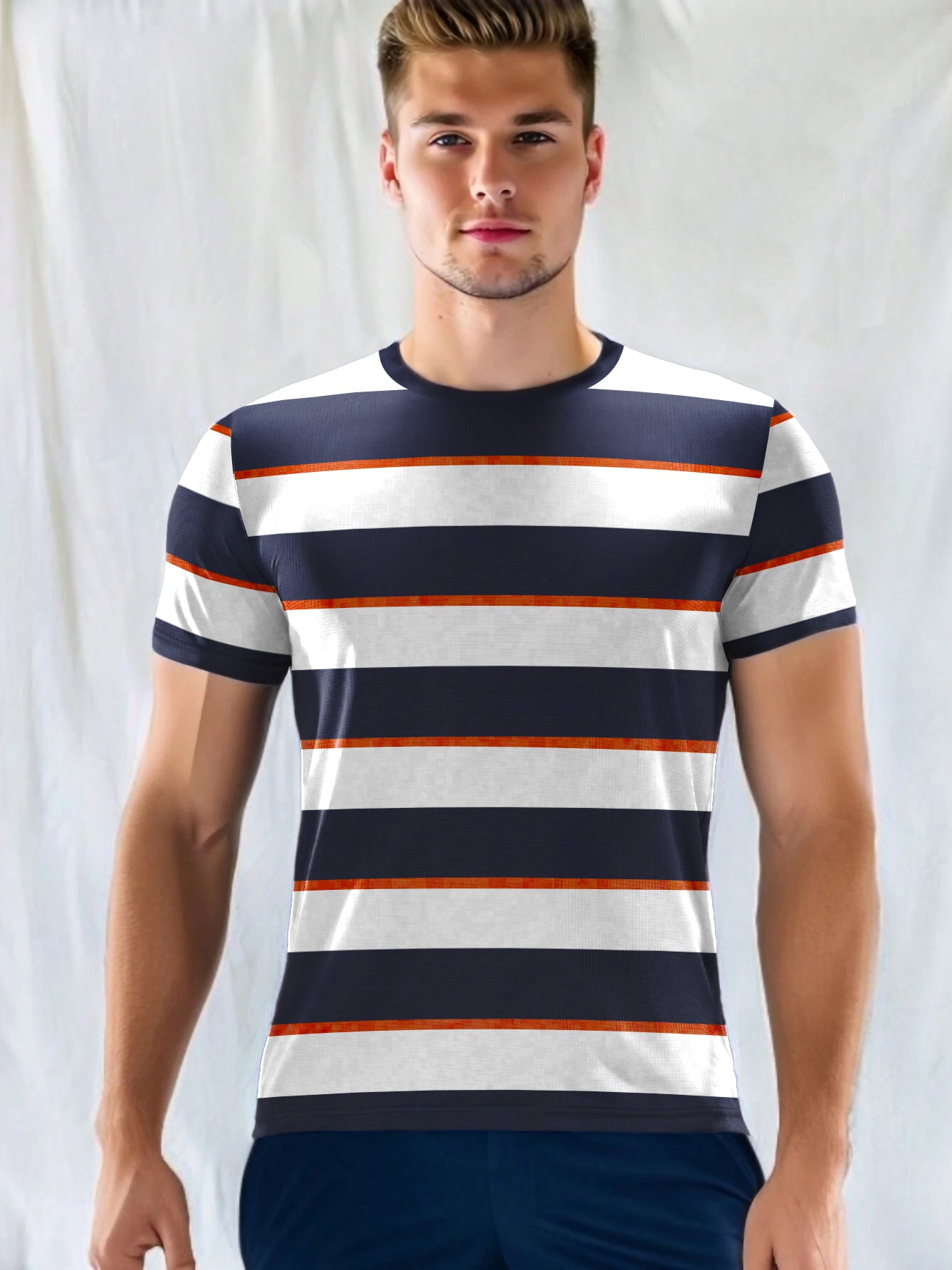 Nxt Single Jersey Crew Neck Tee Shirt For Men-White with Navy Stripe-BR13207