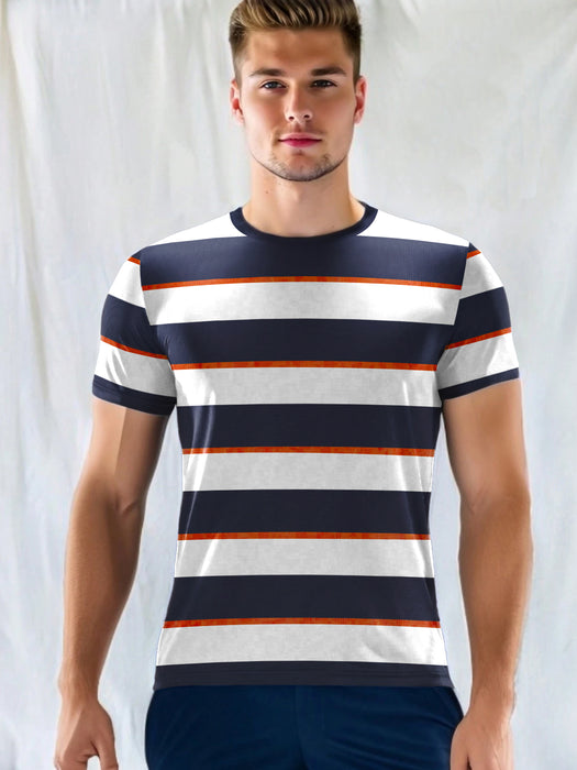 Nxt Single Jersey Crew Neck Tee Shirt For Men-White with Navy Stripe-BR13207