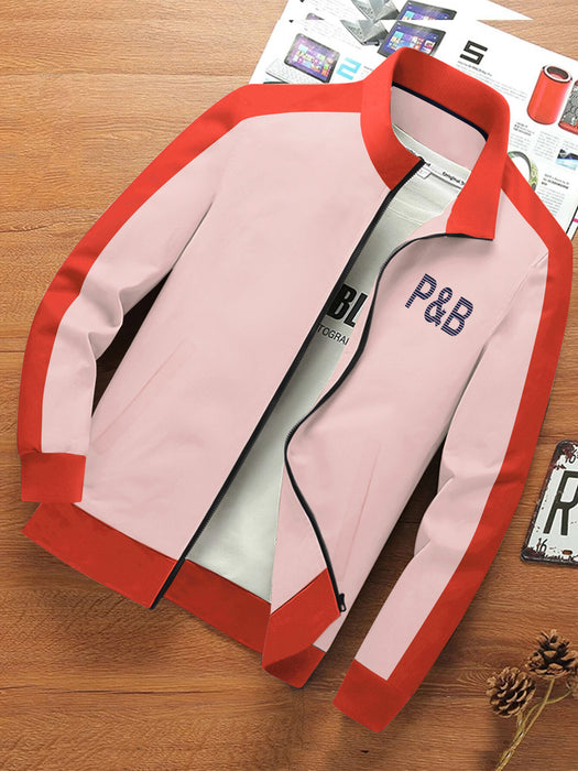 P&B Fleece Zipper Mock Neck Jacket For Men-Light Pink with Orange-BR12837