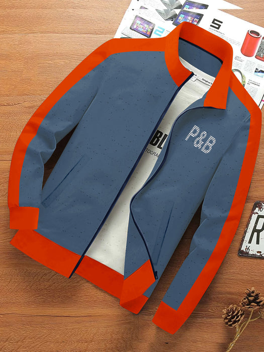 P&B Fleece Zipper Mock Neck Jacket For Men-Light Blue Melange with Orange-BR12843