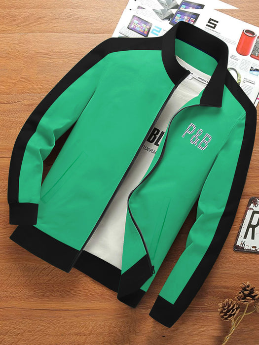P&B Fleece Zipper Mock Neck Jacket For Men-Cyan Green with Black-BR1278