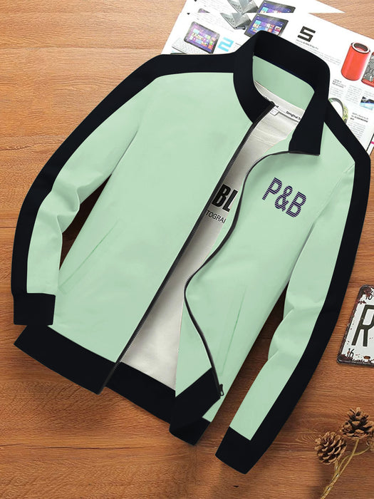 P&B Fleece Zipper Mock Neck Jacket For Men-Light Green with Black-BR12827