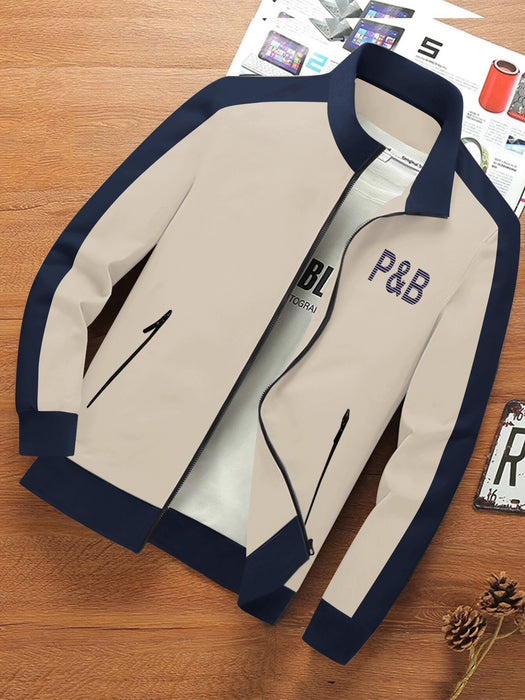 P&B Terry Fleece Zipper Mock Neck Jacket For Men-Wheat with Navy-BR12820