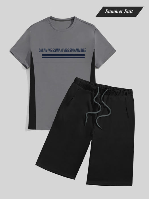 Summer Fashion T-Shirt & Lounge Short Suit For Men-Dark Grey with Black Panel-BR614