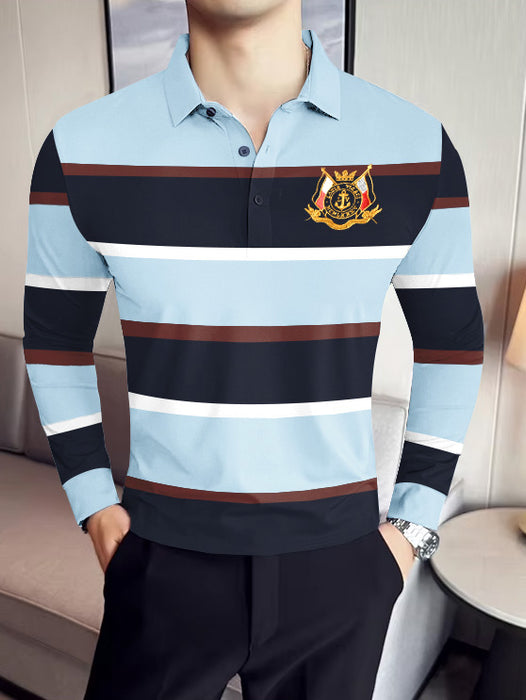 Louis Vicaci Long Sleeve Polo Shirt For Men-Sky with Navy Stripe-BR900