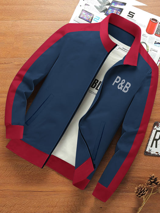 P&B Fleece Zipper Mock Neck Jacket For Men-Navy with Red-BR1257