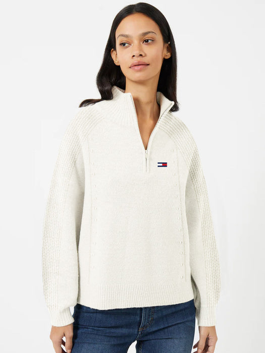 TM Half Zipper Mock Neck Knit wears Sweater For Women-Off White-BR12852