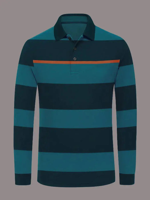 Louis Vicaci Long Sleeve Polo Shirt For Men-Dark Blue with Orange & Navy Stripe-BR898