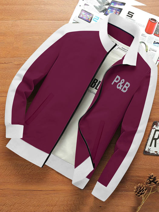 P&B Fleece Zipper Mock Neck Jacket For Men-Dark Pink & White-BR12808