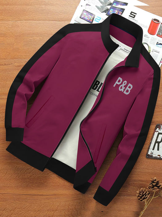 P&B Fleece Zipper Mock Neck Jacket For Men-Magenta with Black-BR1270