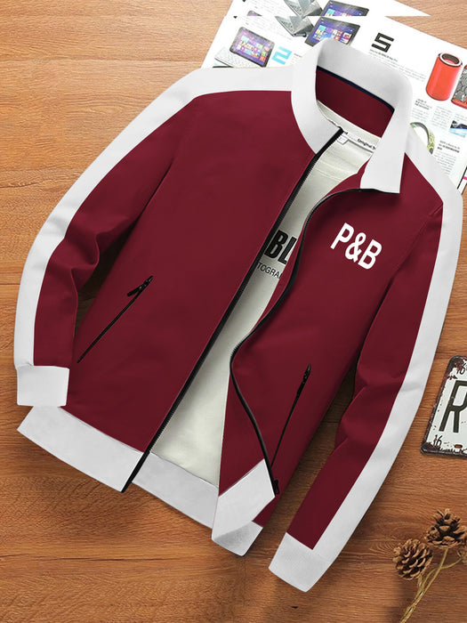 P&B Fleece Zipper Mock Neck Jacket For Men-Maroon with White-BR12801