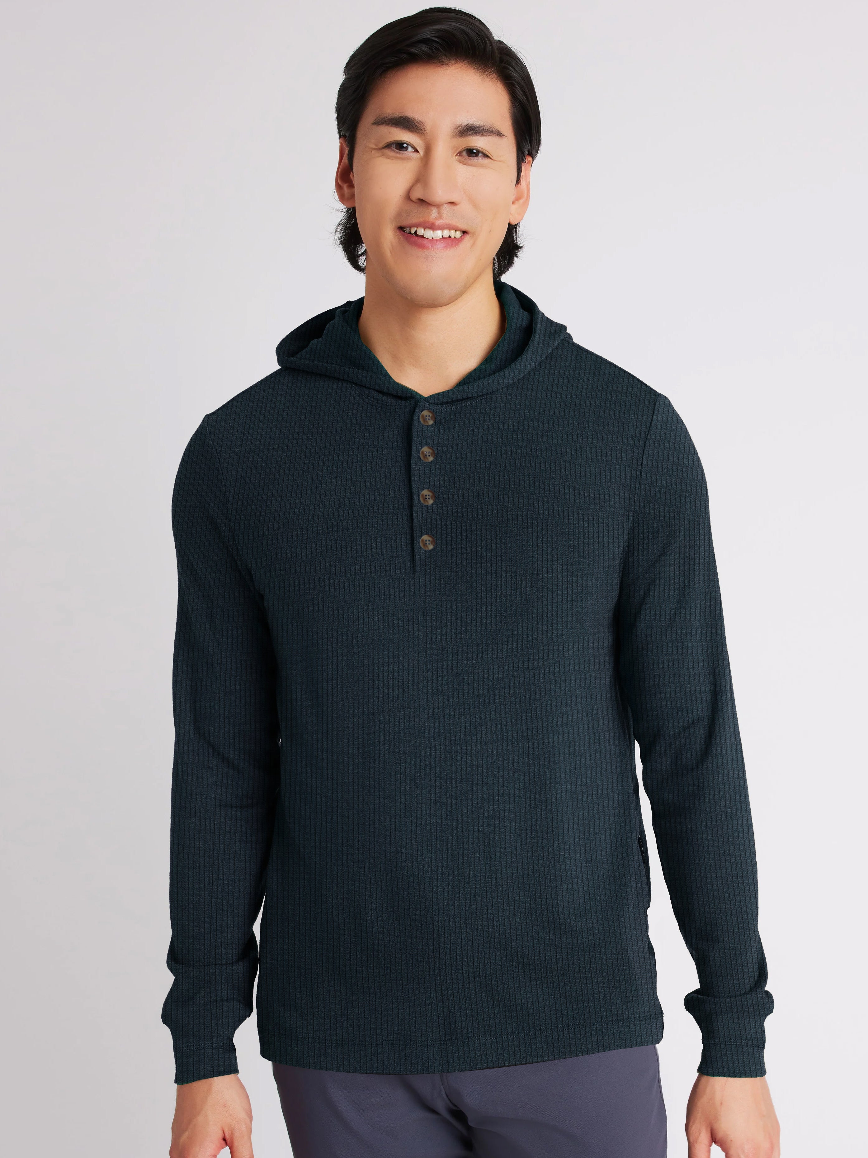 Full Fashion Henley Rib Hooded Shirt For Men-Prussian Blue-BR1223