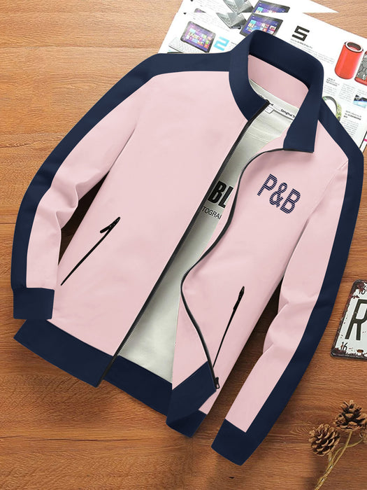 P&B Fleece Zipper Mock Neck Jacket For Men-Smoke Pink with Navy-BR12802