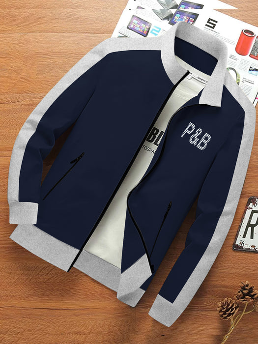 P&B Terry Fleece Zipper Mock Neck Jacket For Men-Navy with Grey  Melange-BR12819