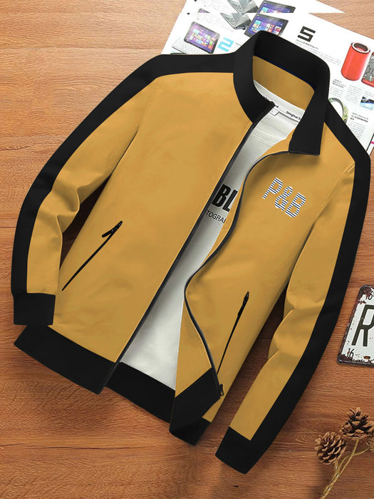 P&B Terry Fleece Zipper Mock Neck Jacket For Men-Yellow with Black-BR1258