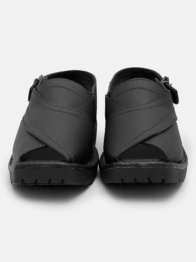 Men's Double Stitch Design Peshawari Chappal-Black-BR13406