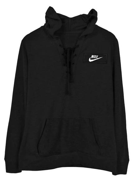 NK Terry Fleece Lace Up Hoodie For Ladies-Black-BR996