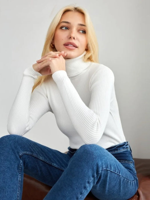 Jules Fashion Turtleneck Sweater Knit wears Long Sleeve Pullover For Women-White-AZ20
