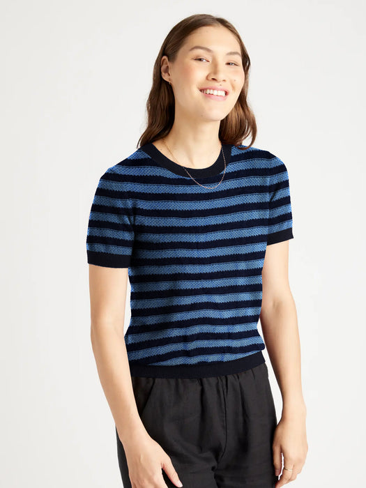 Fashion Half Sleeve Wool Sweater For Women-Navy With Stripes-AZ135