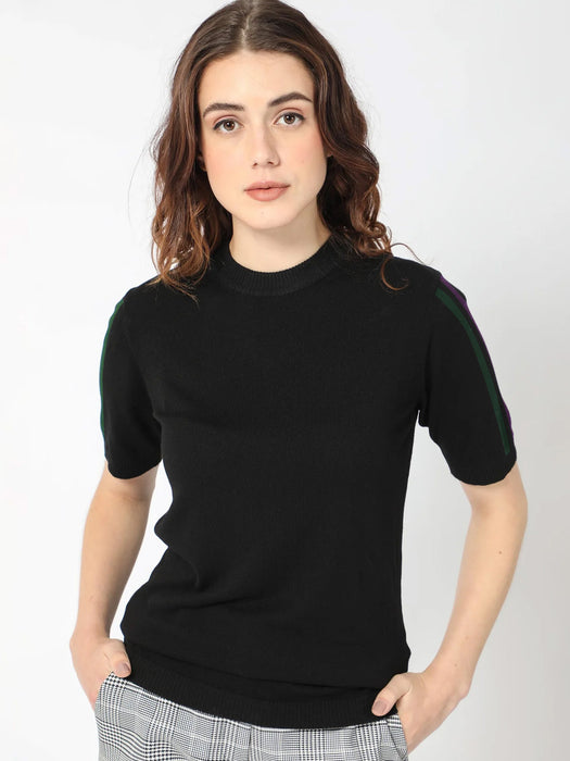 Fashion Half Sleeve Wool Sweater For Women-Black-AZ106