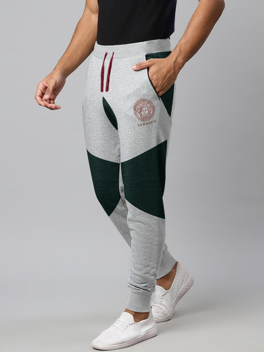 VERSACE Terry Fleece Jogger Sweatpant For Men-Grey Lining Melange with Green Panel-BR14606