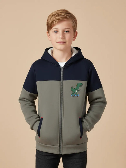 NXT Inner Fur Hood Fleece Full Zipper Hoodie For Kids-Slate Grey with Navy Panels-BE2423/BR14481