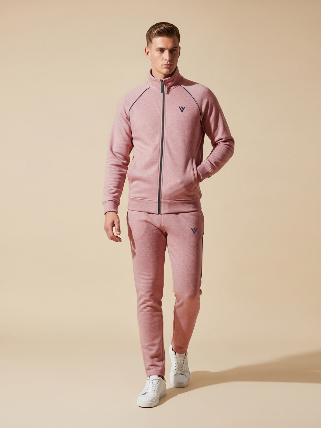 Louis Vicaci Fleece Zipper Tracksuit For Men-Light Pink Melange-LVTS01
