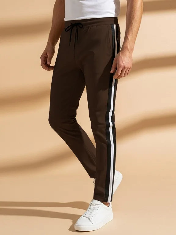 Louis Vicaci Slim Fit Active Wear Summer Trouser For Men-Dark Brown with Navy & White Stripes-SP2512