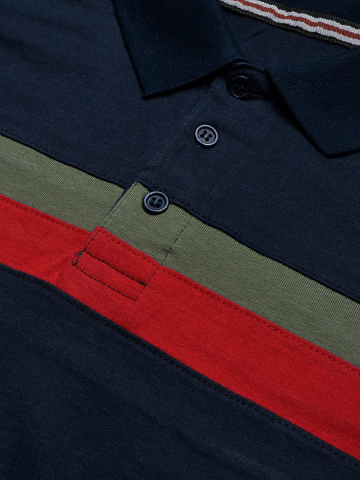 NXT Summer Polo Shirt For Men-Dark Navy With Red & Olive Stripe-BR12944