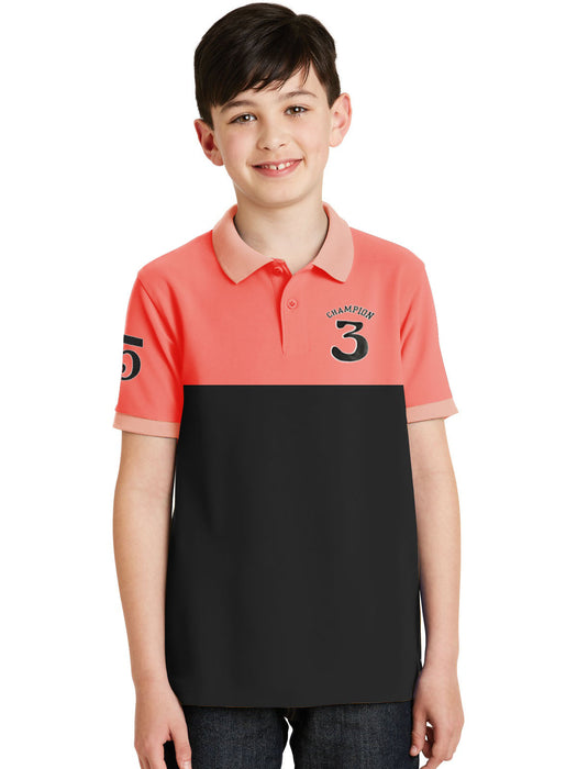 Champion Single Jersey Polo Shirt For Kids-Coral Pink & Black Panels-RT2406