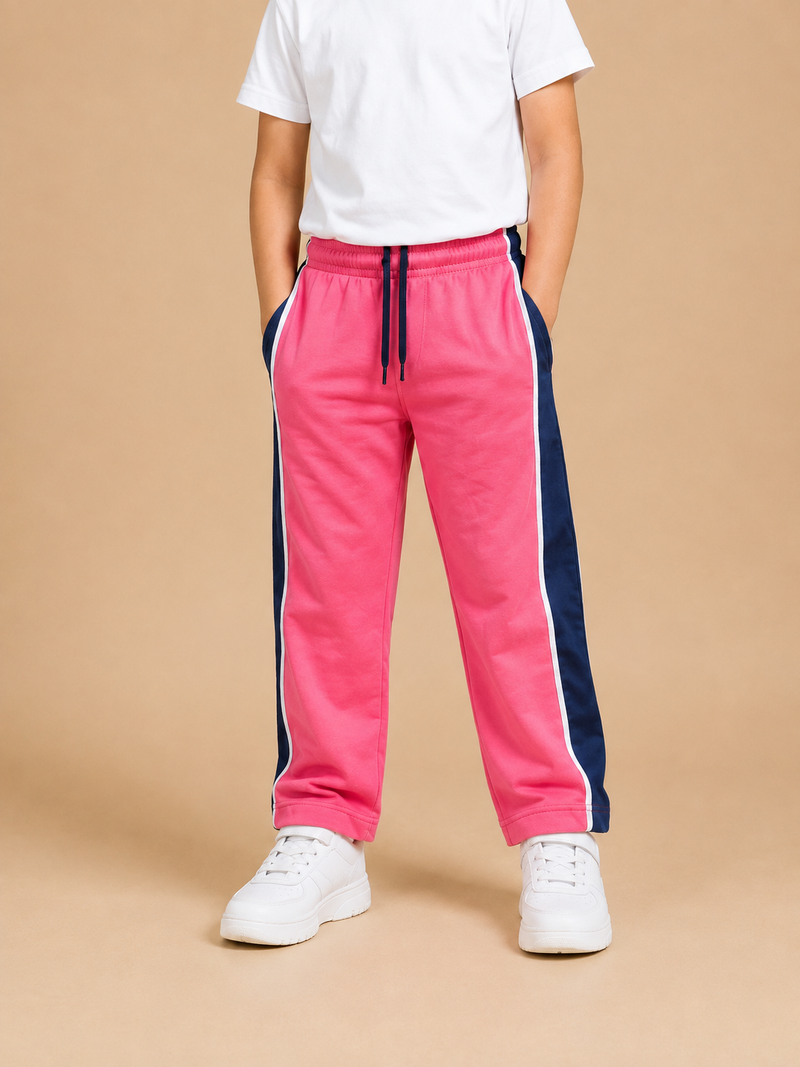 Kids Pink Track Pants with Navy Side Stripe TH10