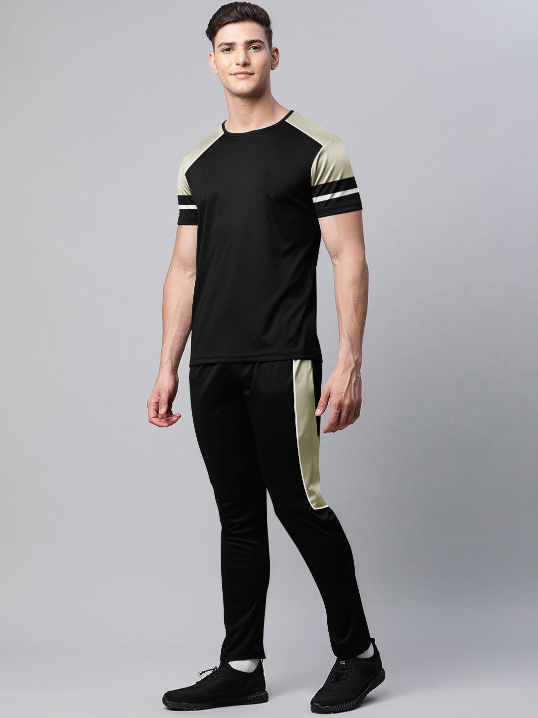 Louis Vicaci Summer Active Wear Tracksuit For Men-Black with Grey Pannels-RT2429