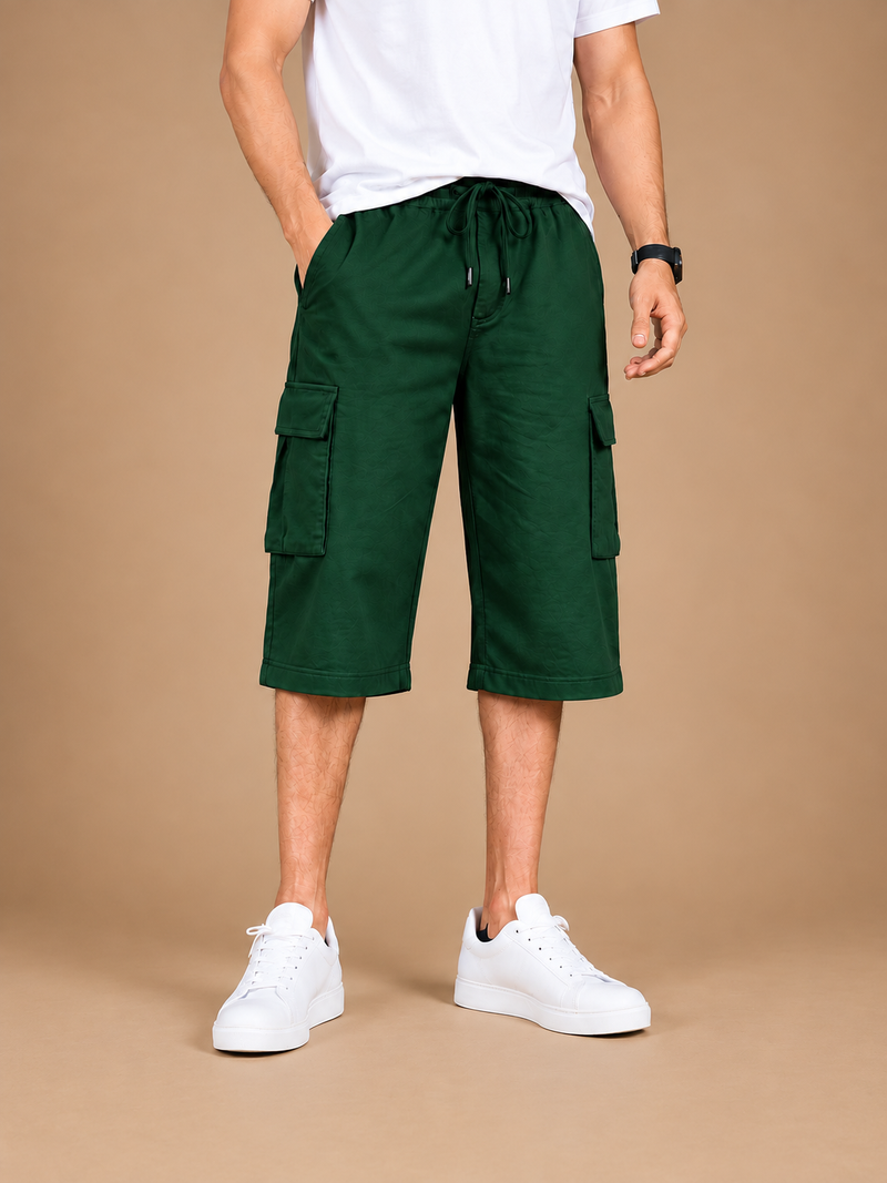 Men's dark green Summer Three Quarter Cargo Shorts – Soft Cotton Casual Capri with Side Pockets h1345