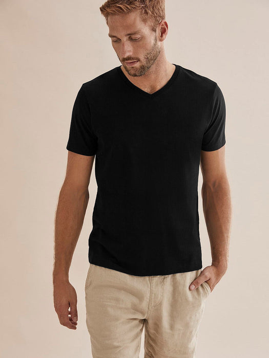 Next Rib V Neck Short Sleeve Shirt For Men-Black-BR1099
