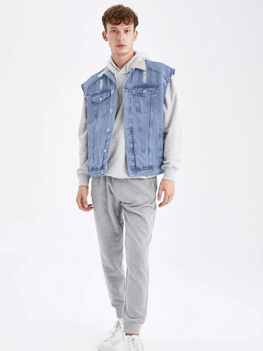 Sleeveless Plush Fur Denim Jeans Jacket For Men-Light Blue-BR206