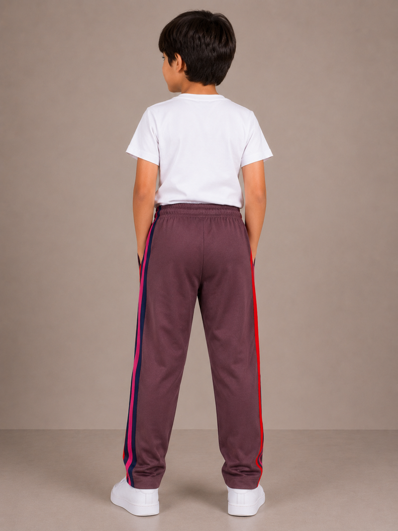 Premium Kids Lycra Trousers Mauve Brown with Royal Blue ,Red,pink,Side panal Stripe p9