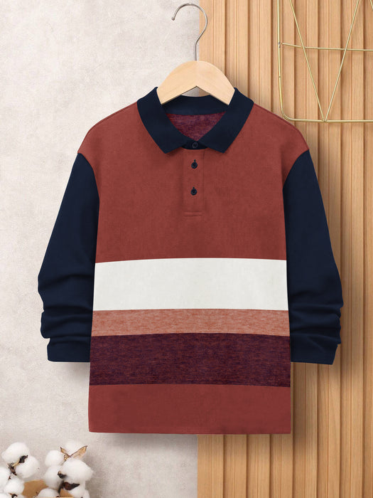 Louis Vicaci Single Jersey Long Sleeve Polo Shirt For Kids-Navy with Brown Stripe-BR793