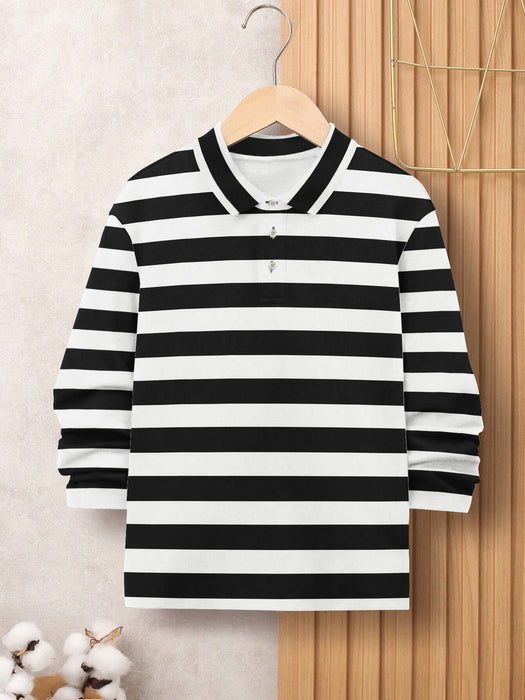 Louis Vicaci Single Jersey Long Sleeve Polo Shirt For Kids-White with Black Stripe-BR794