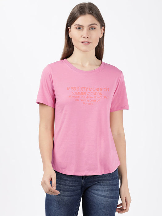 Sixteen Fashion  Crew Neck Half Sleeve Tee Shirt For Ladies-Pink-AZ96