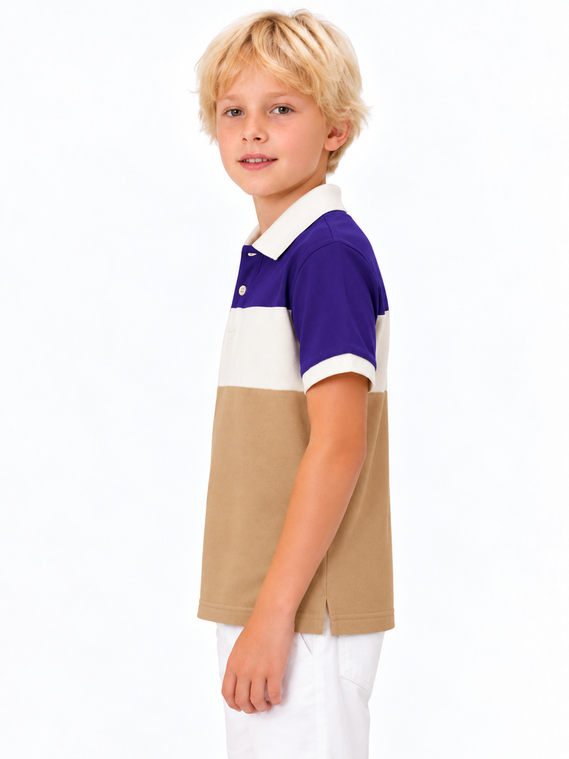 HB Summer P.Q Polo Shirt For Kids indego white with camel- hb07