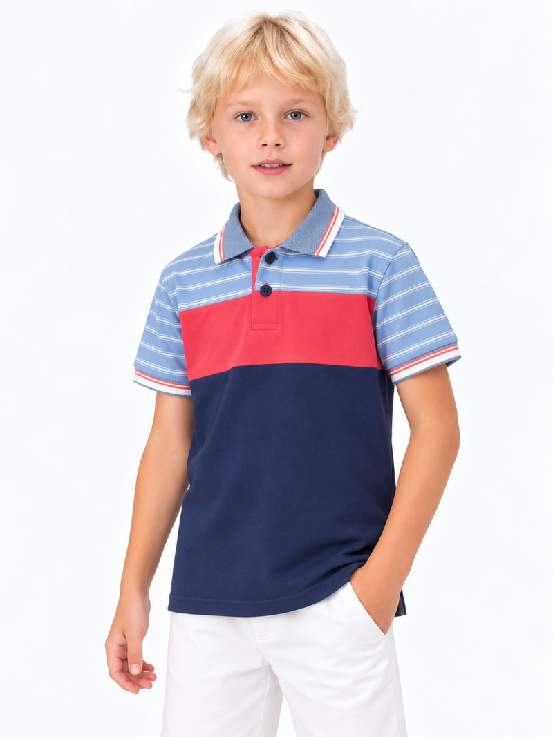 HB Summer P.Q Polo Shirt For Kids-light blue melange red with navy  hb04