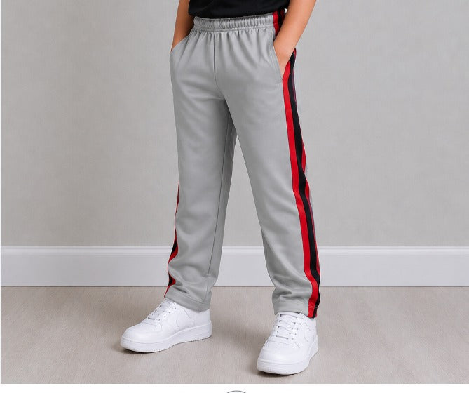 Kids Premium Track Pants – Steel Grey with Red, Black & Royal Blue Stripes bn543