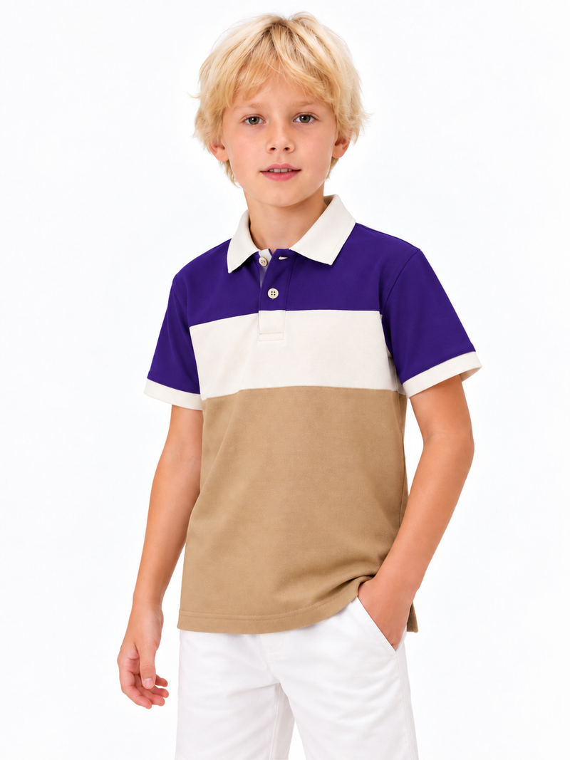 HB Summer P.Q Polo Shirt For Kids indego white with camel- hb07