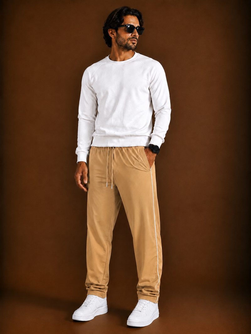 Stylish Regular Fit Both Season Trouser for men simple camel with white stripes tr16