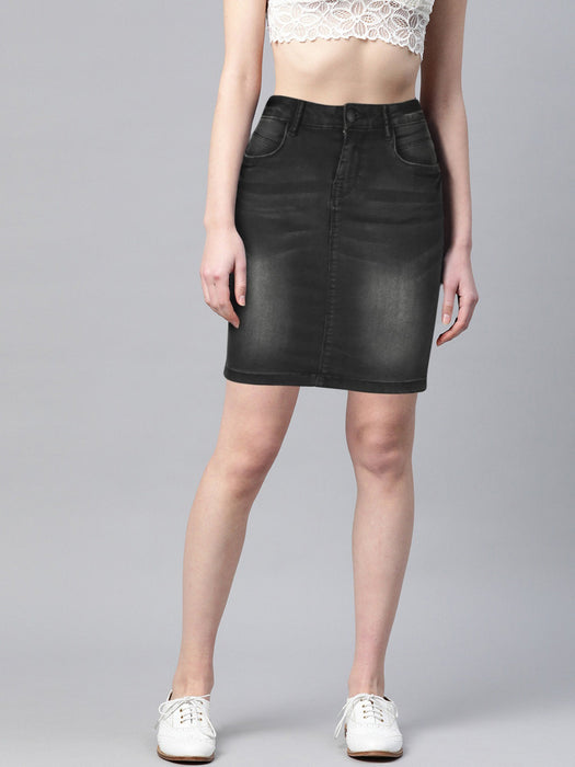 Camaieu Denim Skirt For Girls-Black Faded-BR13527