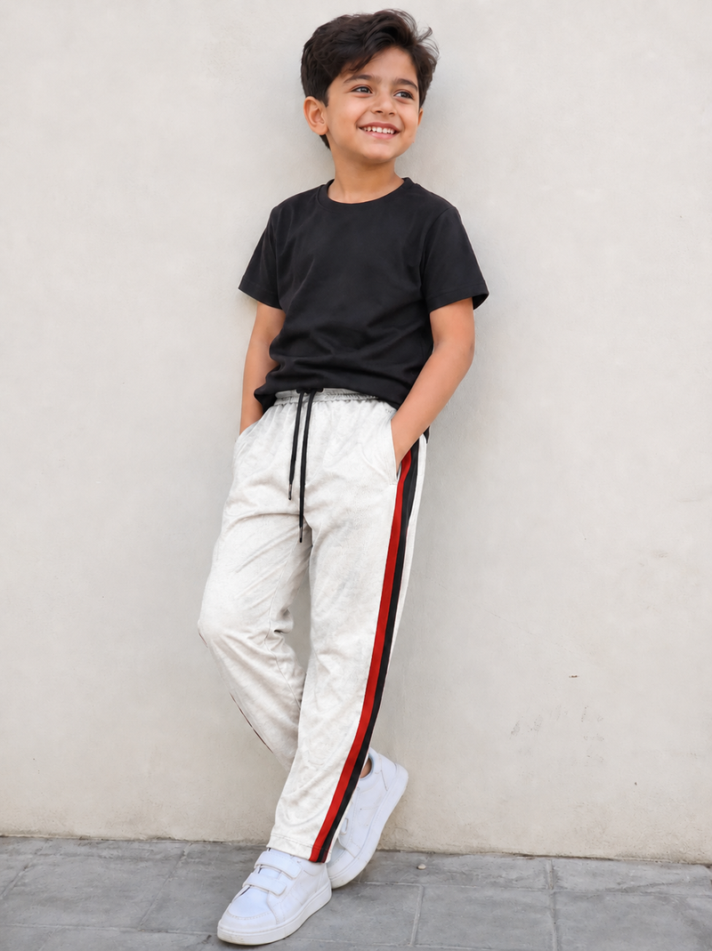 Premium Kids single jersey Trousers off-white mélange with ,Side Stripe p14