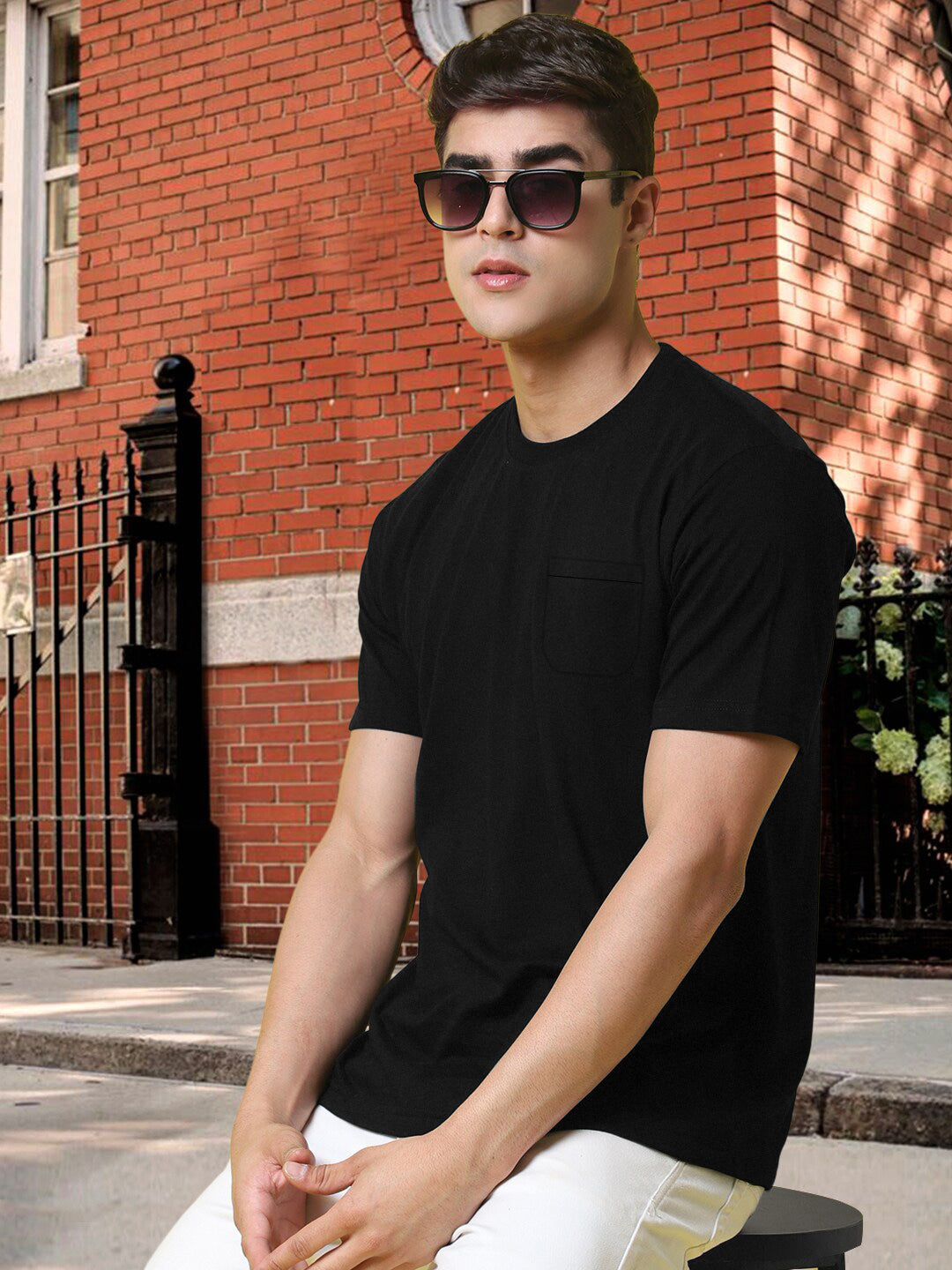 OLZEN Short Sleeve Crew Neck Sweater For Men-Black-RT2200