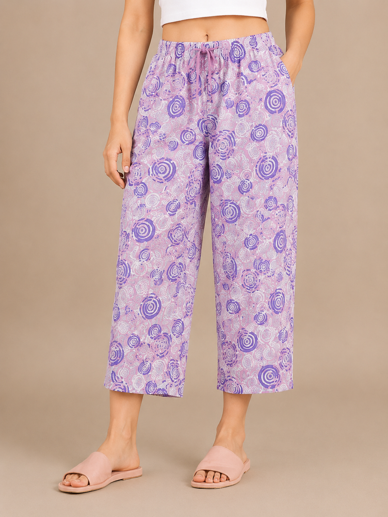 Women's Printed Cotton Palazzo Pants – Lavender Floral Lounge Trousers gty65