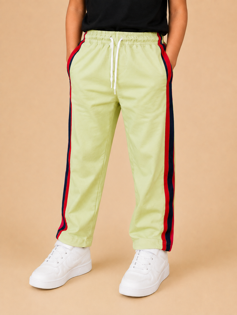 Premium Kids Lycra Trousers lime Green with Royal Blue ,Red,pink,Side panal Stripe p3
