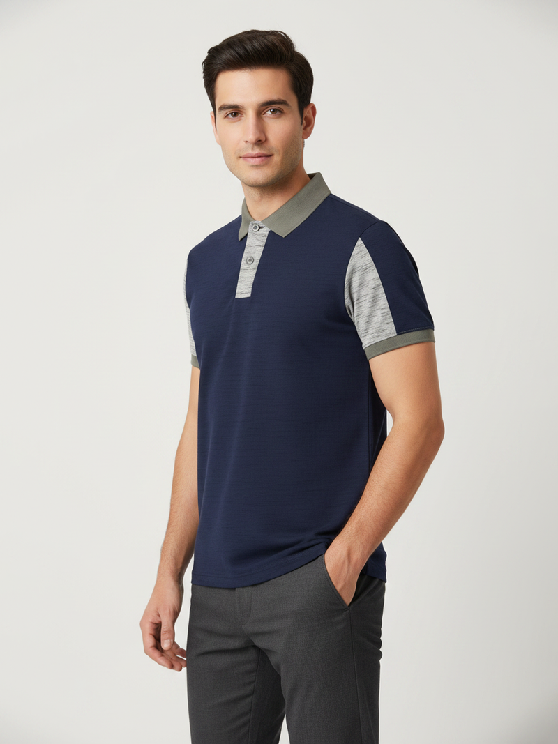Summer Polo Shirt For Men-Dark Blue & Grey Melange-BR13112